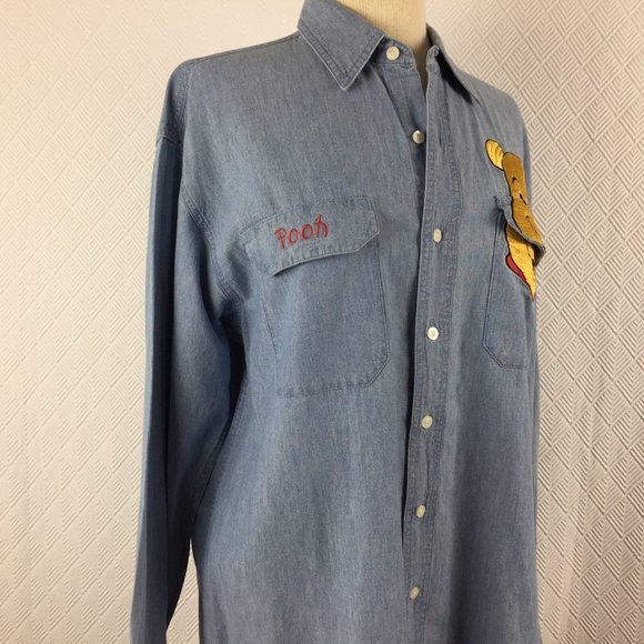 Disney Catalog Womens Top Blouse Winnie the Pooh Pocket Denim Cotton Size Medium - Picture 6 of 9